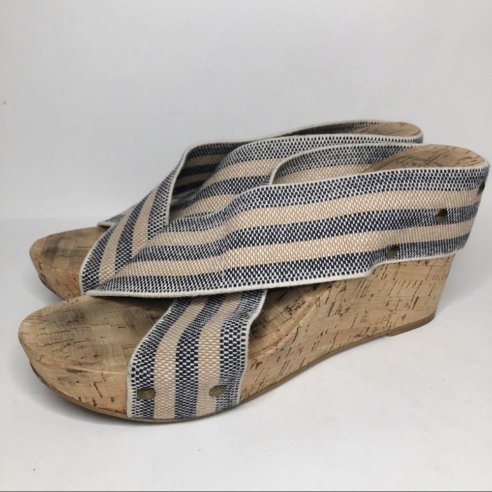 Lucky Brand cream navy X strap cork wedge heels